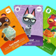 Three ACNH Series 5 Amiibo Cards are displayed over a teal background.